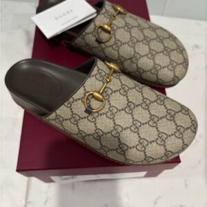 Gucci Brown Monogram Mules with Gold Accents